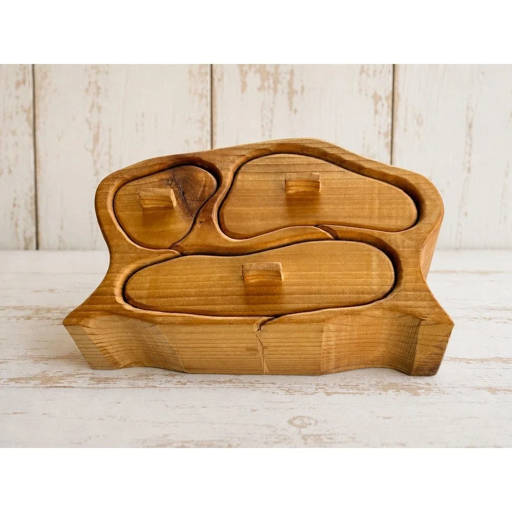 Vintage Tsunami Wooden Bandsaw Jewelry Box Wave Design Handmade Artisan 9